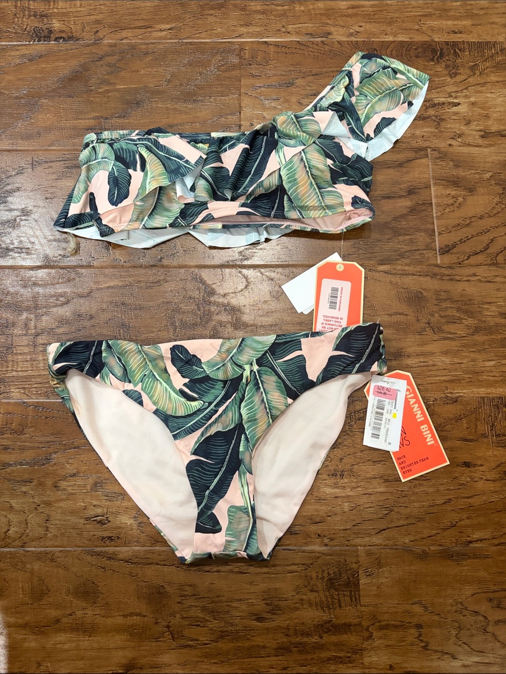 Gianni Bini Peach & Green Tropical Leaf One-Shoulder Bikini